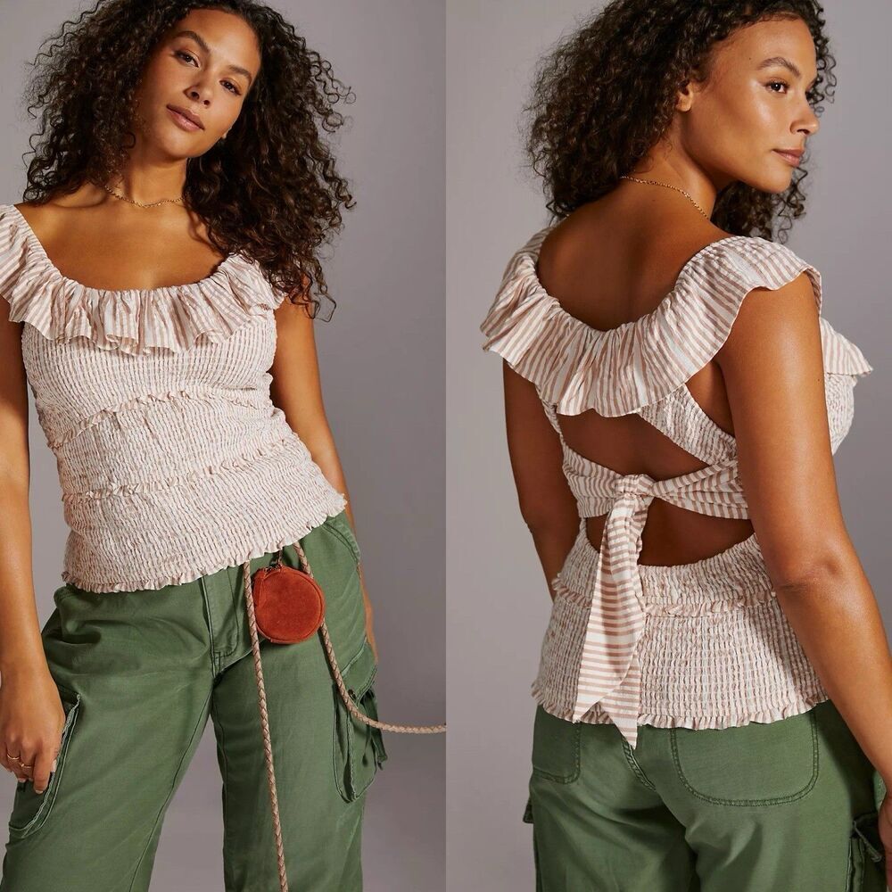 Anthropologie Ruffle Neutral Striped Smocked Cut-Out Blouse XL Coquette Peasant